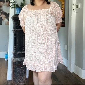 Anthropologie puff sleeve mini dress orange ditsy floral shift dress